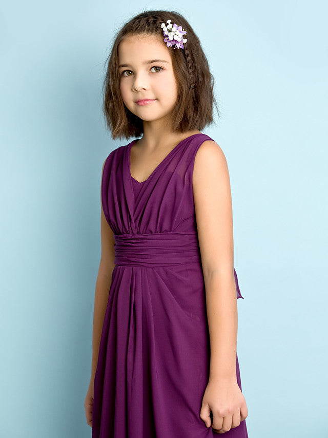 Beautiful A-Line V Neck Chiffon Flower Girl Dress Floor Length With Criss Cross Natural Mini Me-BallBride