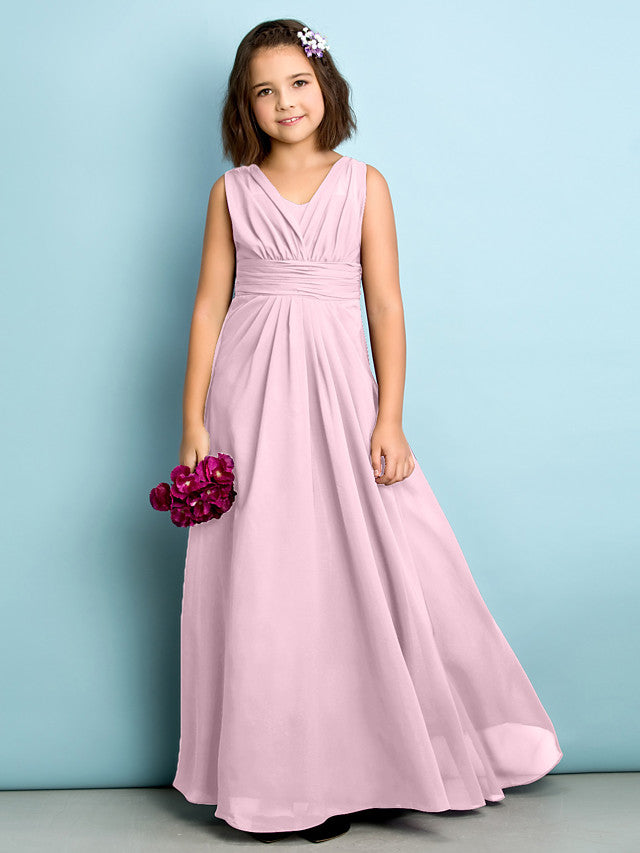 Beautiful A-Line V Neck Chiffon Flower Girl Dress Floor Length With Criss Cross Natural Mini Me-BallBride