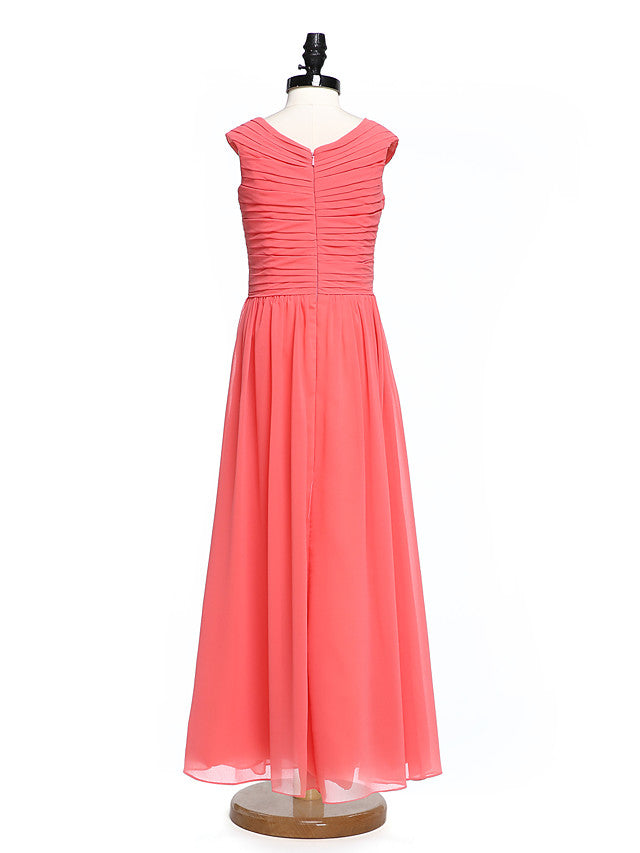 Beautiful A-Line V Neck Floor Length Chiffon Flower Girl Dress with Criss Cross Ruched Natural-BallBride