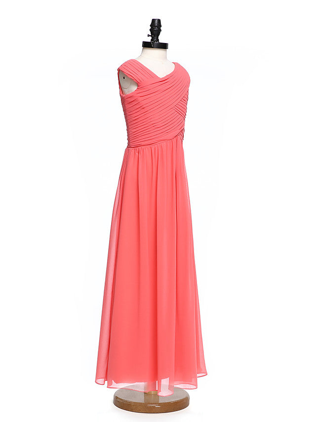 Beautiful A-Line V Neck Floor Length Chiffon Flower Girl Dress with Criss Cross Ruched Natural-BallBride