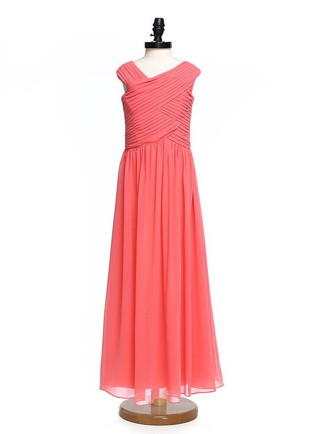 Beautiful A-Line V Neck Floor Length Chiffon Flower Girl Dress with Criss Cross Ruched Natural-BallBride