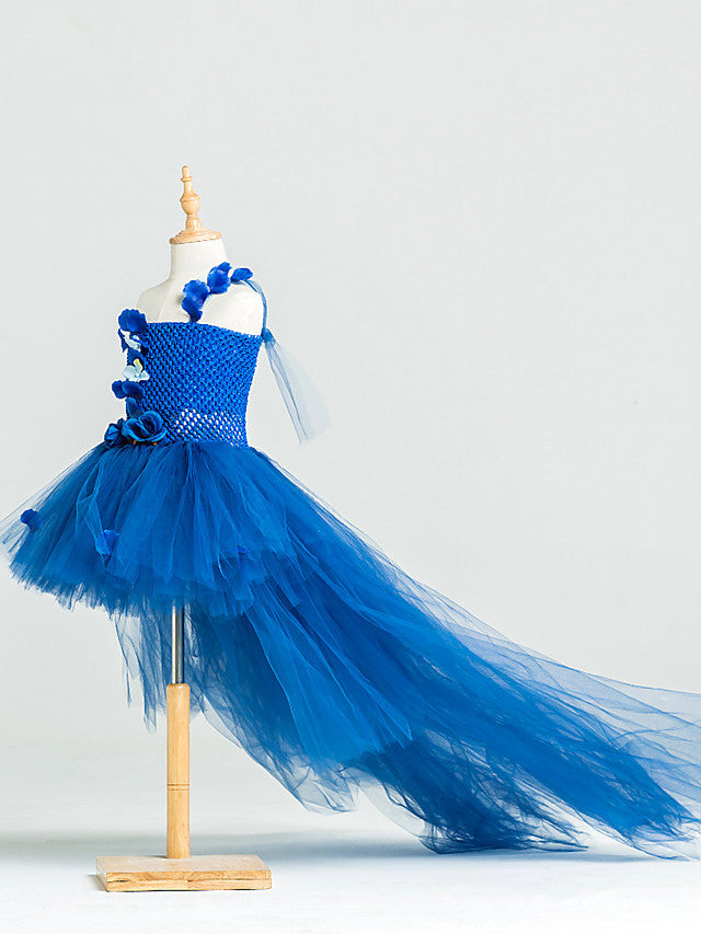 Beautiful Ball Gown Asymmetrical Flower Girl Dress with Tulle Stretch Satin and Handmade Flower-BallBride