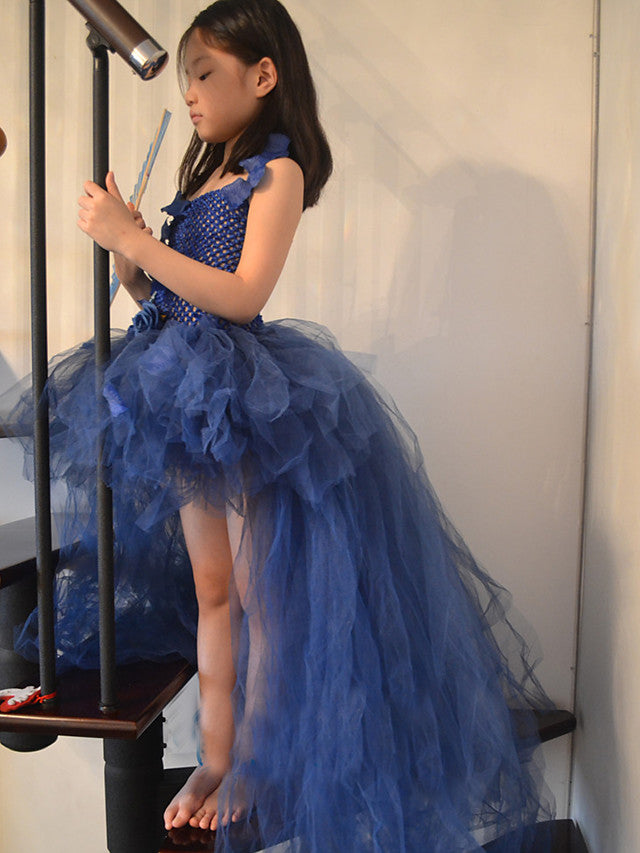 Beautiful Ball Gown Asymmetrical Flower Girl Dress with Tulle Stretch Satin and Handmade Flower-BallBride