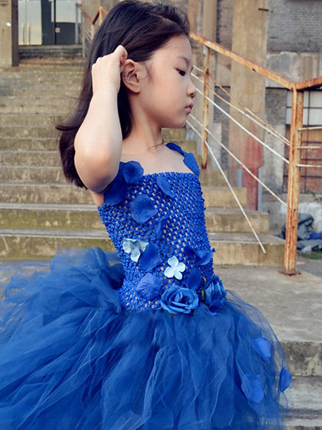 Beautiful Ball Gown Asymmetrical Flower Girl Dress with Tulle Stretch Satin and Handmade Flower-BallBride