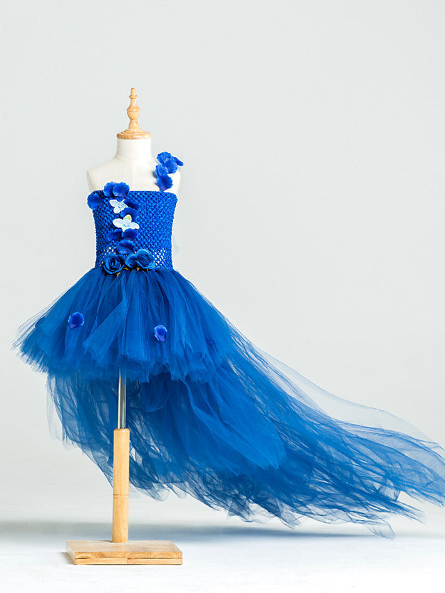 Beautiful Ball Gown Asymmetrical Flower Girl Dress with Tulle Stretch Satin and Handmade Flower-BallBride