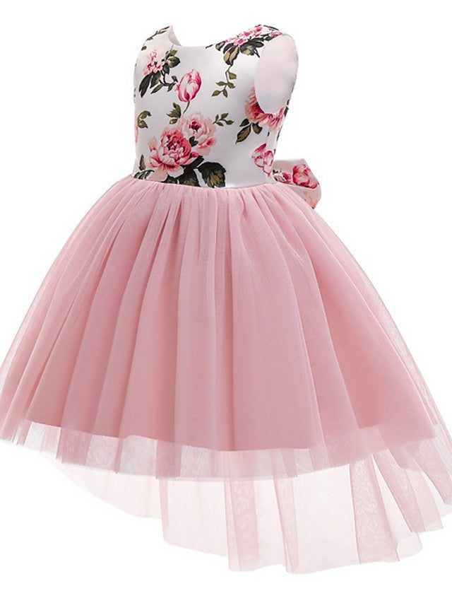 Beautiful Ball Gown Asymmetrical Sleeveless Jewel Neck Flower Girl Dresses with Tulle Bow and Pattern Print-BallBride