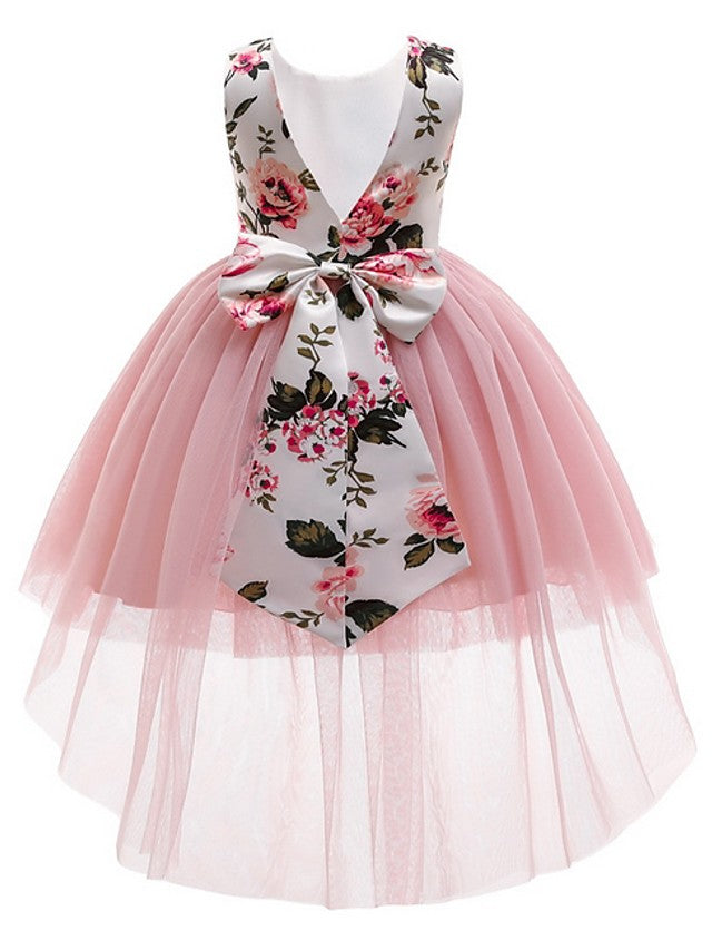 Beautiful Ball Gown Asymmetrical Sleeveless Jewel Neck Flower Girl Dresses with Tulle Bow and Pattern Print-BallBride
