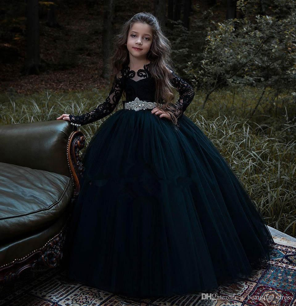 Beautiful Black Long Sleeve Flower Girl Dress with Tulle Appliques Lace & Pearls-BallBride