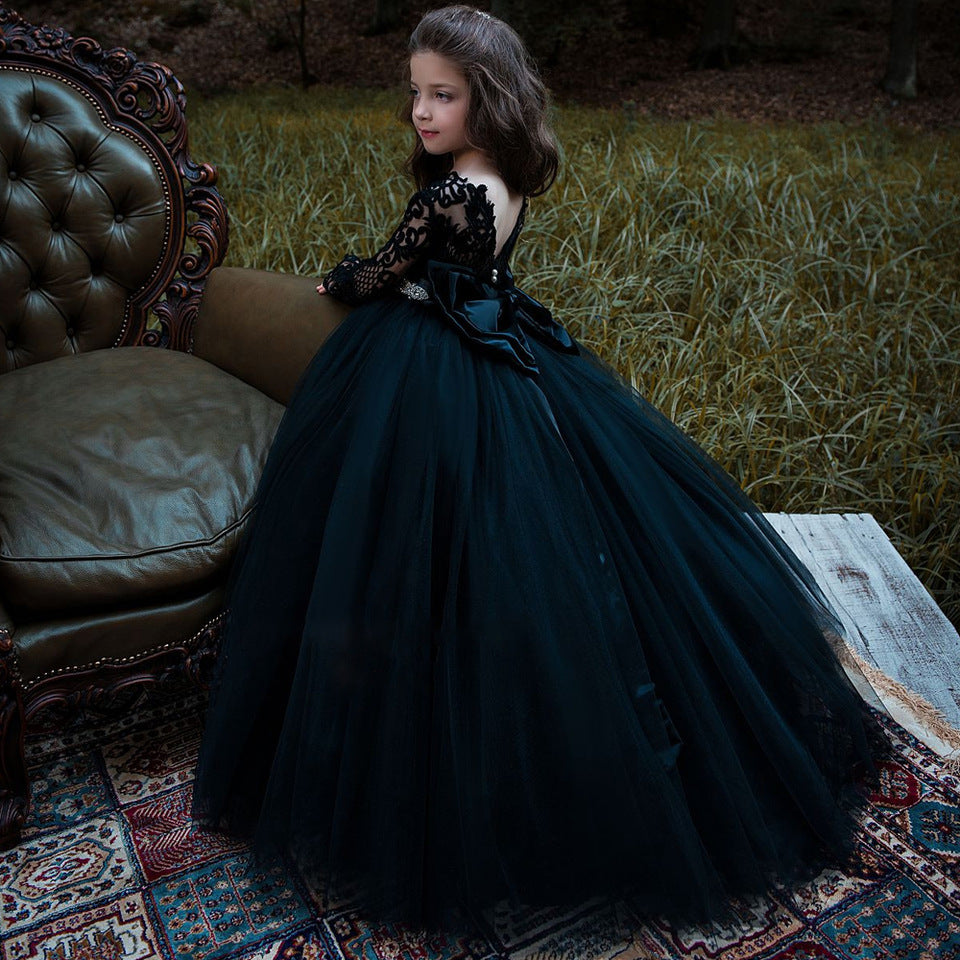 Beautiful Black Long Sleeve Flower Girl Dress with Tulle Appliques Lace & Pearls-BallBride