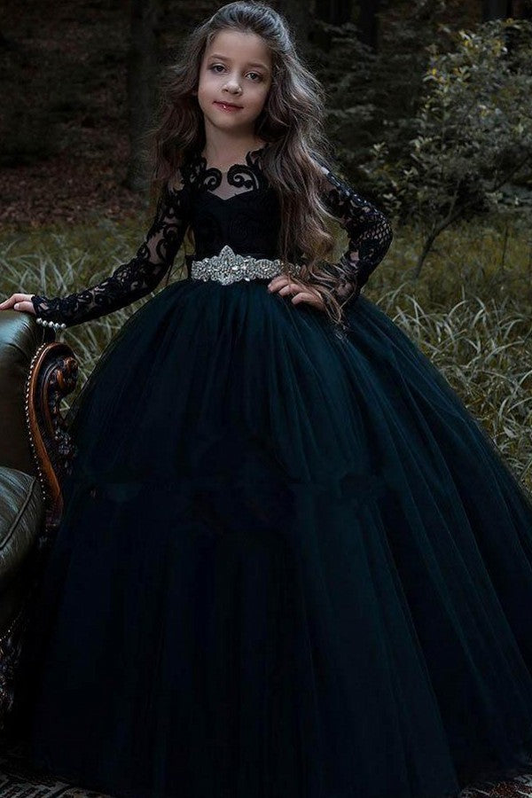 Beautiful Black Long Sleeve Flower Girl Dress with Tulle Appliques Lace & Pearls-BallBride
