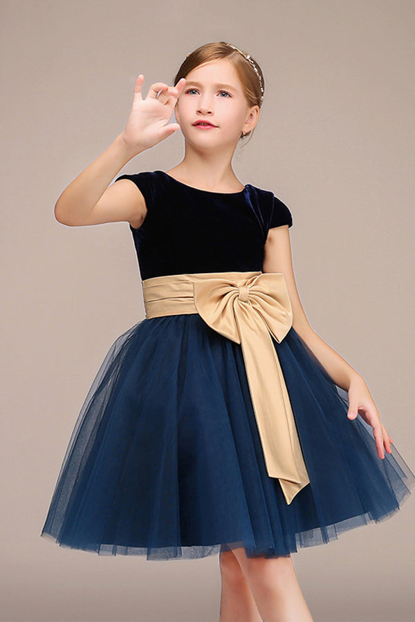Beautiful Cap Sleeve Jewel Polyester Flower Girl Dress with Tulle Bow-BallBride