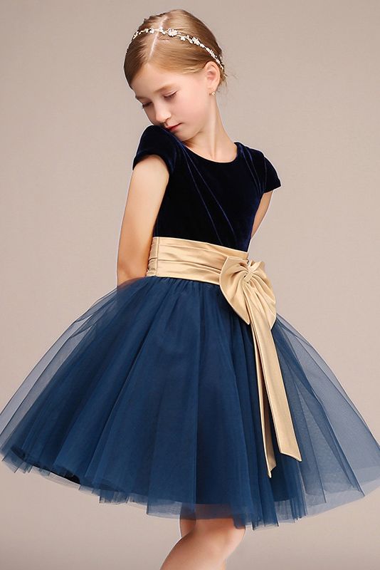 Beautiful Cap Sleeve Jewel Polyester Flower Girl Dress with Tulle Bow-BallBride