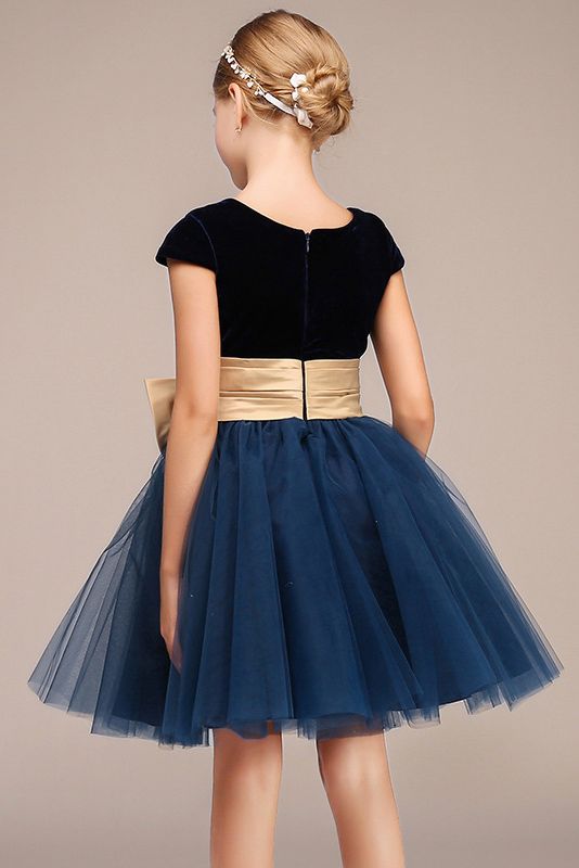 Beautiful Cap Sleeve Jewel Polyester Flower Girl Dress with Tulle Bow-BallBride