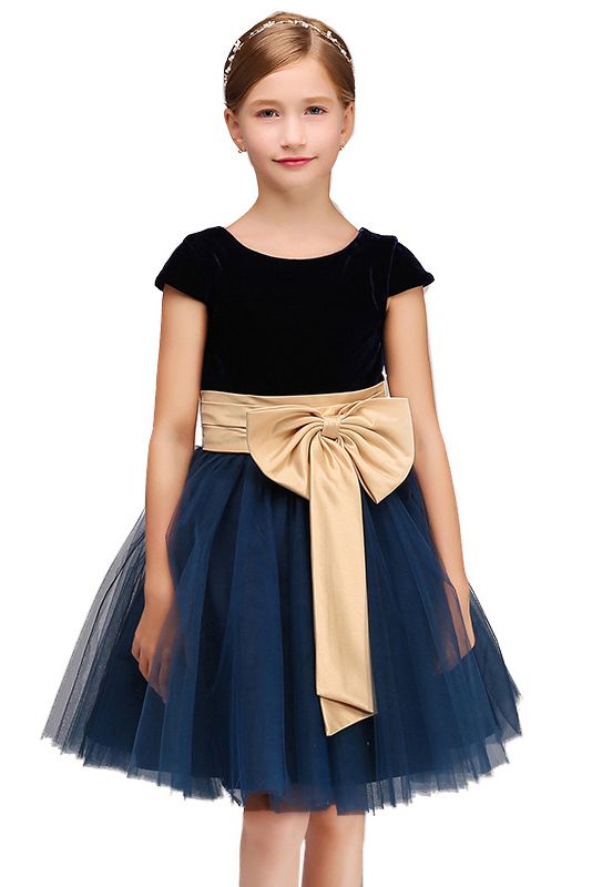 Beautiful Cap Sleeve Jewel Polyester Flower Girl Dress with Tulle Bow-BallBride