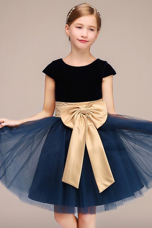 Beautiful Cap Sleeve Jewel Polyester Flower Girl Dress with Tulle Bow-BallBride
