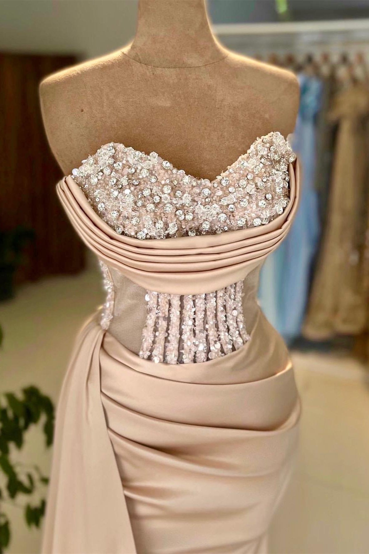 Beautiful Champagne Sweetheart Mermaid Evening Dress With Slit Ruffles and Beads-BallBride