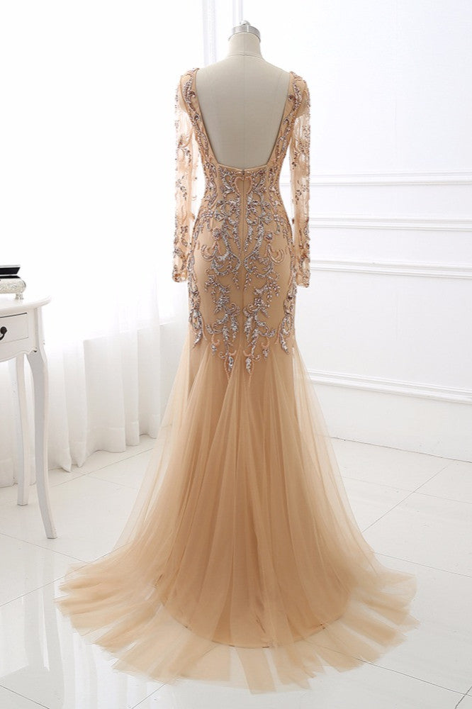 Beautiful Champagne V-Neck Evening Dress with Beadings and Rhinestones-BallBride