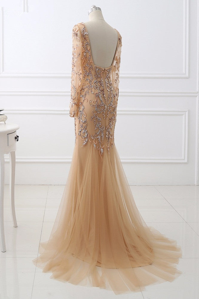 Beautiful Champagne V-Neck Evening Dress with Beadings and Rhinestones-BallBride