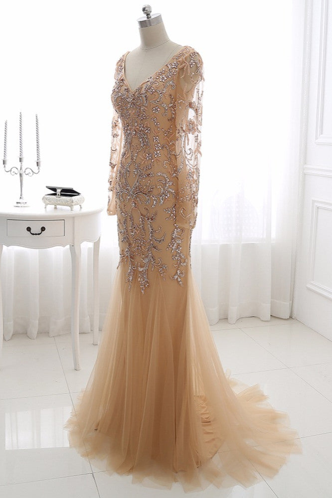 Beautiful Champagne V-Neck Evening Dress with Beadings and Rhinestones-BallBride