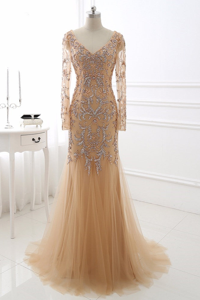 Beautiful Champagne V-Neck Evening Dress with Beadings and Rhinestones-BallBride
