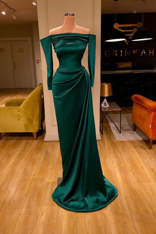 Beautiful Dark Green Long Sleeves Prom Dress Mermaid With Ruffles-BallBride