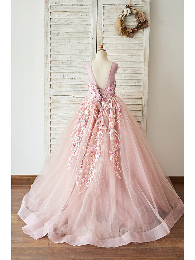 Beautiful Floor Length Jewel Ball Gown Flower Girl Dresses with Lace Tulle & Pearls-BallBride