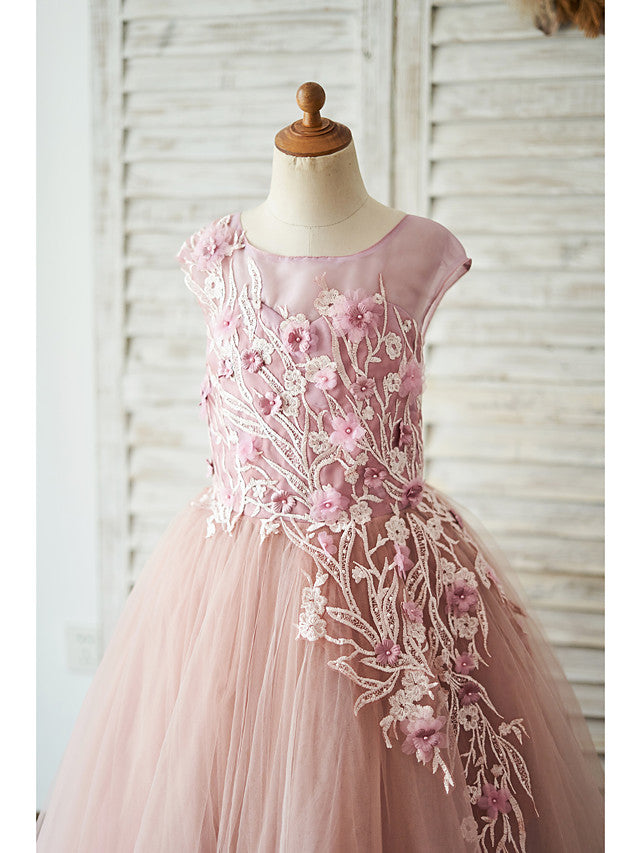 Beautiful Floor Length Jewel Ball Gown Flower Girl Dresses with Lace Tulle & Pearls-BallBride