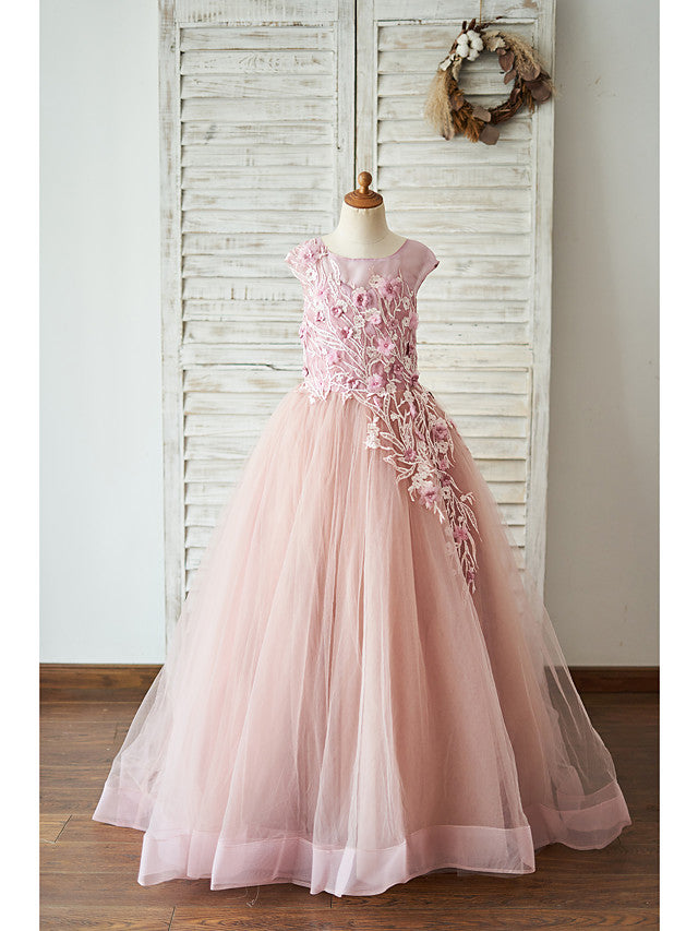 Beautiful Floor Length Jewel Ball Gown Flower Girl Dresses with Lace Tulle & Pearls-BallBride