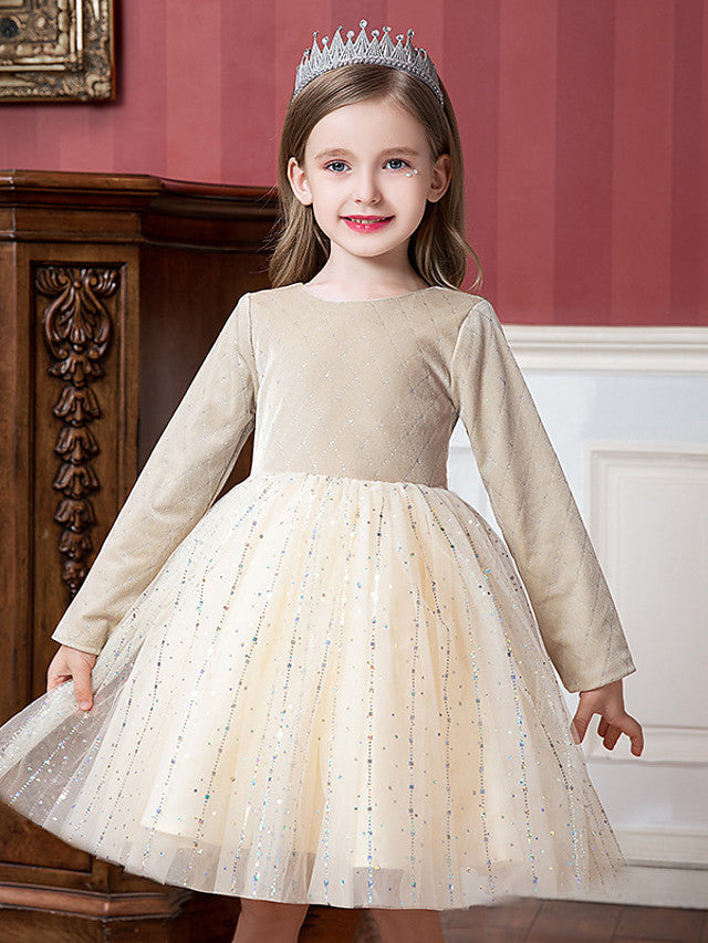 Beautiful Flower Girl Dress with Splicing Paillette - Tulle Velvet Long Sleeve Jewel Neck Ball Gown Knee Length-BallBride