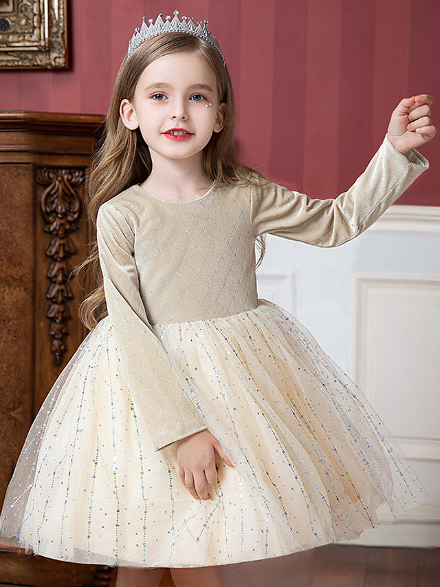 Beautiful Flower Girl Dress with Splicing Paillette - Tulle Velvet Long Sleeve Jewel Neck Ball Gown Knee Length-BallBride