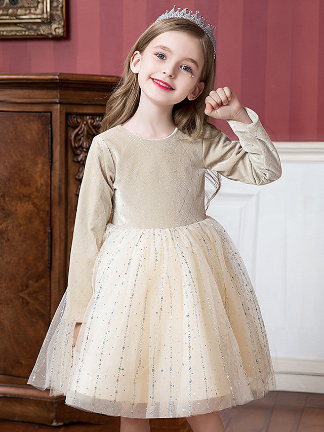 Beautiful Flower Girl Dress with Splicing Paillette - Tulle Velvet Long Sleeve Jewel Neck Ball Gown Knee Length-BallBride