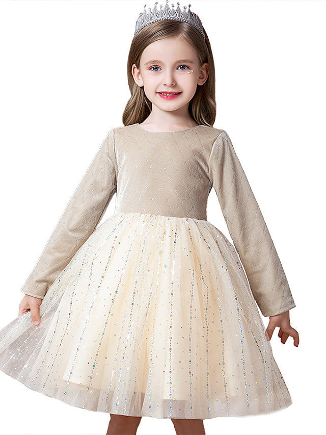 Beautiful Flower Girl Dress with Splicing Paillette - Tulle Velvet Long Sleeve Jewel Neck Ball Gown Knee Length-BallBride