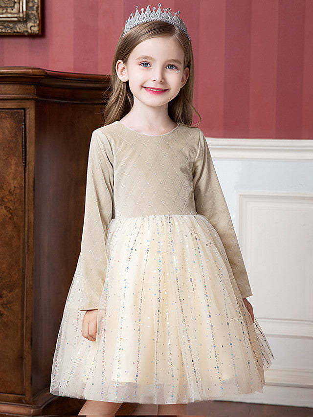 Beautiful Flower Girl Dress with Splicing Paillette - Tulle Velvet Long Sleeve Jewel Neck Ball Gown Knee Length-BallBride