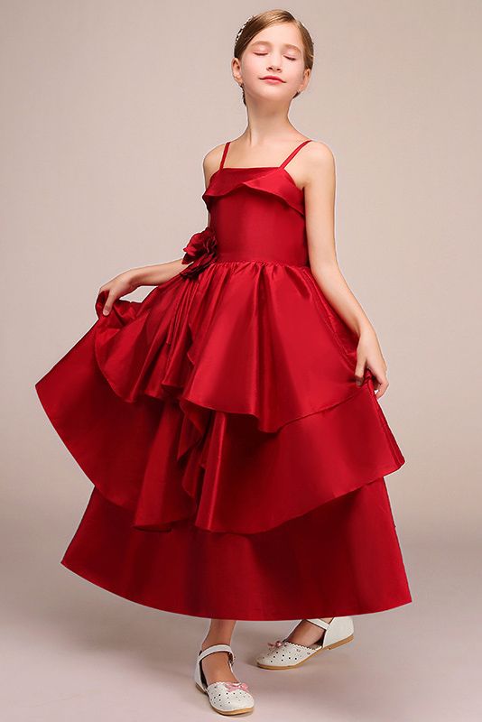 Beautiful Handmade Flower Satin Spaghetti-Strap Sleeveless Ankle Length Flower Girl Dress-BallBride