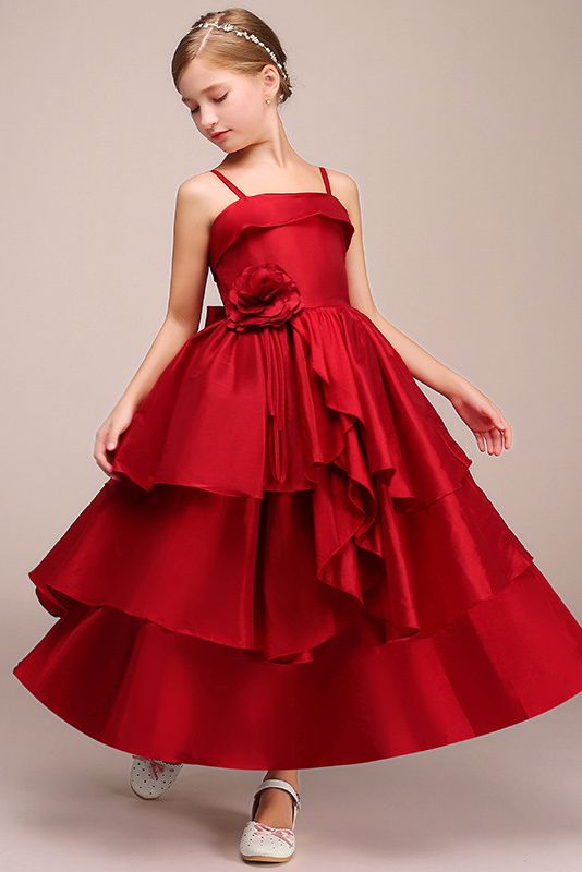Beautiful Handmade Flower Satin Spaghetti-Strap Sleeveless Ankle Length Flower Girl Dress-BallBride
