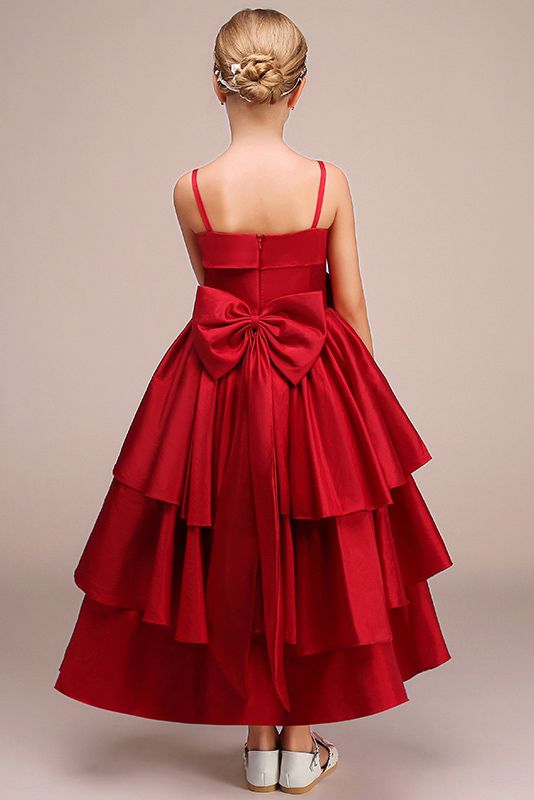 Beautiful Handmade Flower Satin Spaghetti-Strap Sleeveless Ankle Length Flower Girl Dress-BallBride