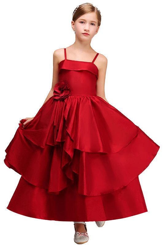 Beautiful Handmade Flower Satin Spaghetti-Strap Sleeveless Ankle Length Flower Girl Dress-BallBride