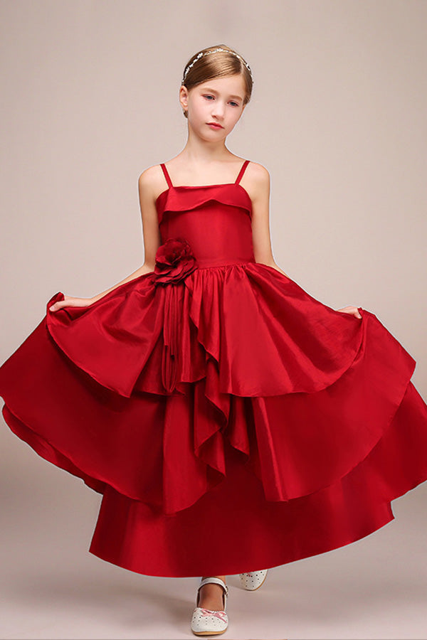 Beautiful Handmade Flower Satin Spaghetti-Strap Sleeveless Ankle Length Flower Girl Dress-BallBride