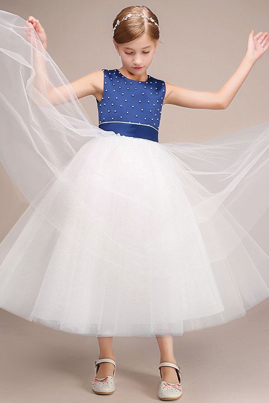 Beautiful Jewel Sleeveless Tulle Flower Girl Dress with Beads Bowknot-BallBride