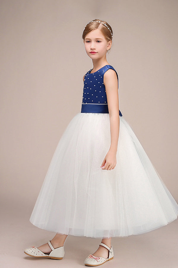 Beautiful Jewel Sleeveless Tulle Flower Girl Dress with Beads Bowknot-BallBride