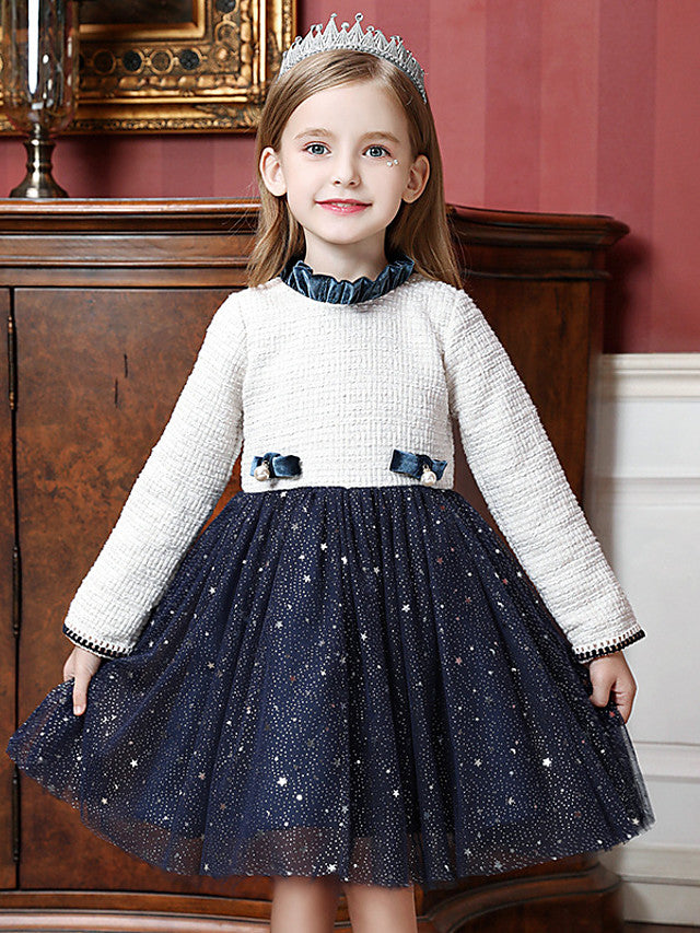 Beautiful Knee Length Flower Girl Dress with Long Sleeve and High Neck Tulle Splicing-BallBride