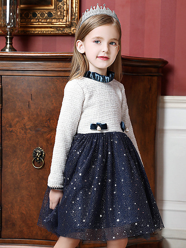 Beautiful Knee Length Flower Girl Dress with Long Sleeve and High Neck Tulle Splicing-BallBride