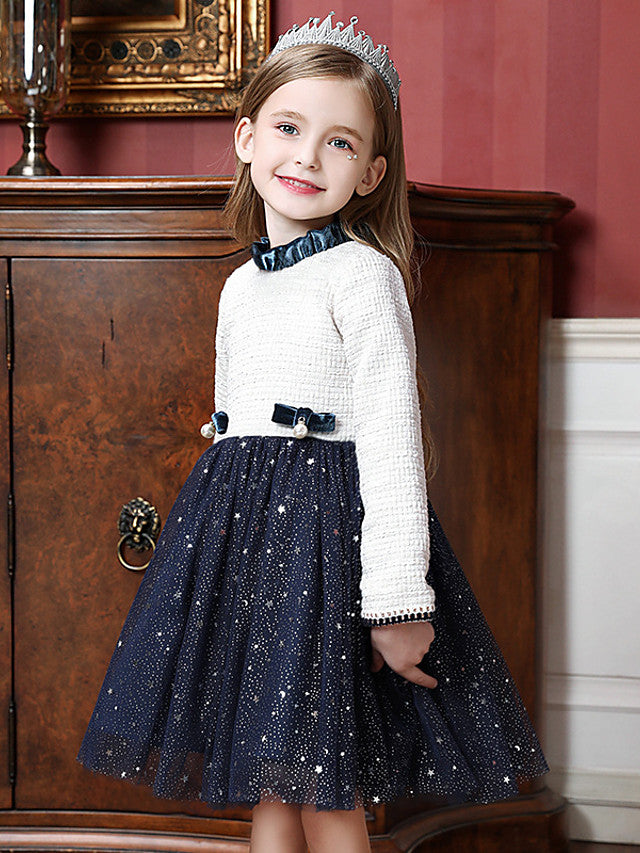 Beautiful Knee Length Flower Girl Dress with Long Sleeve and High Neck Tulle Splicing-BallBride