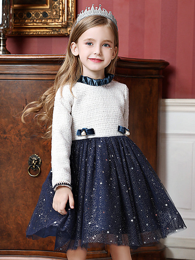 Beautiful Knee Length Flower Girl Dress with Long Sleeve and High Neck Tulle Splicing-BallBride