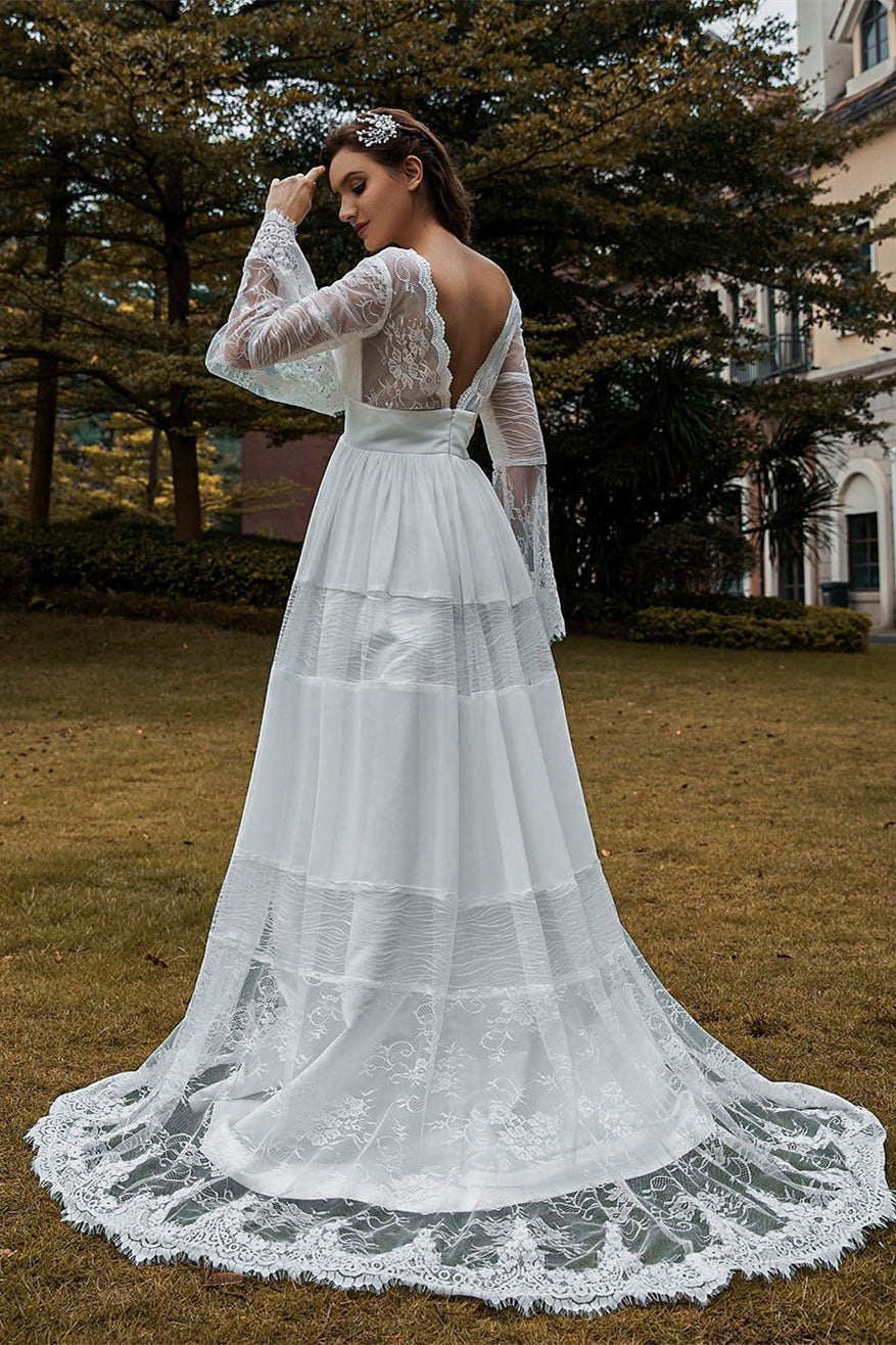 Beautiful Lace Boho Wedding Dress with Long Sleeves-BallBride