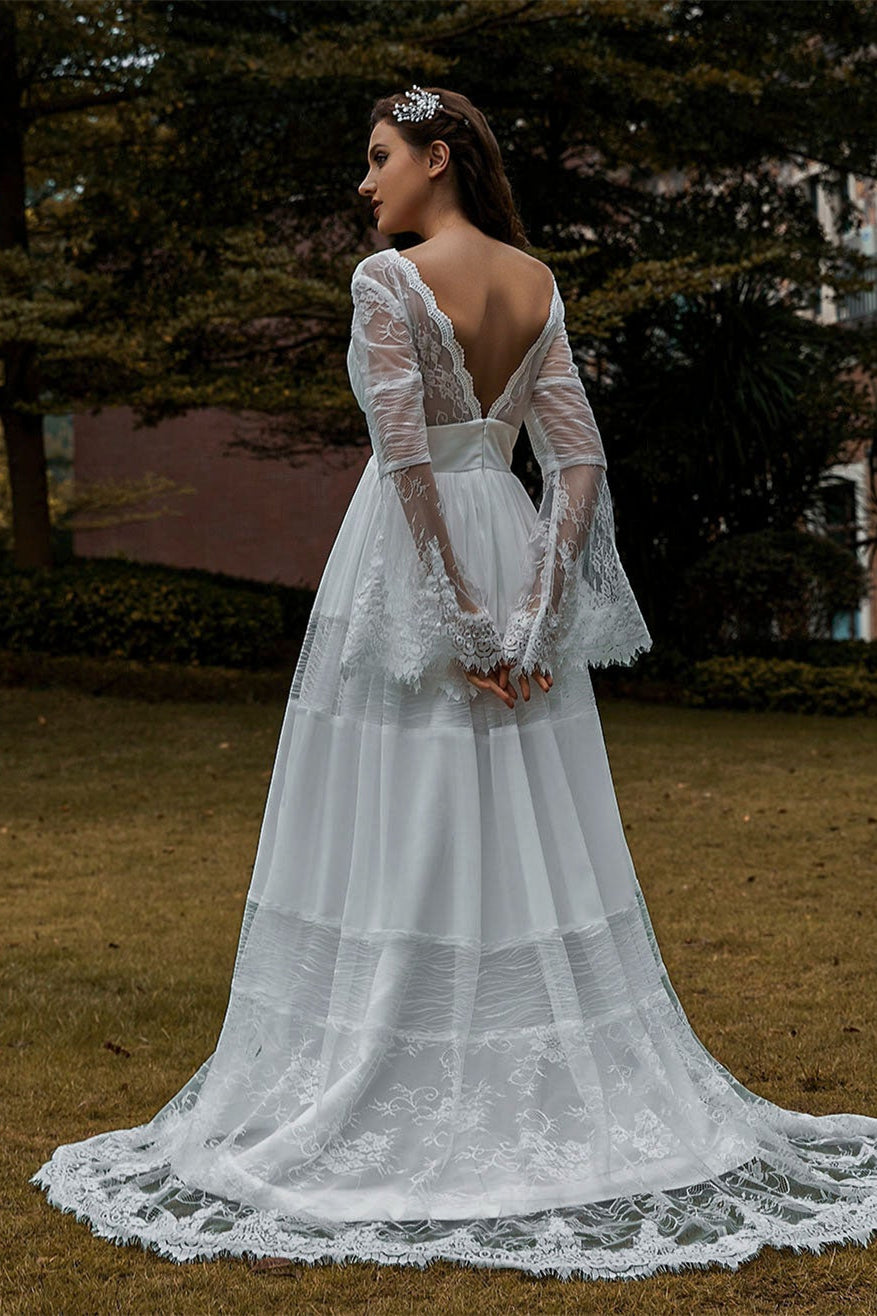 Beautiful Lace Boho Wedding Dress with Long Sleeves-BallBride