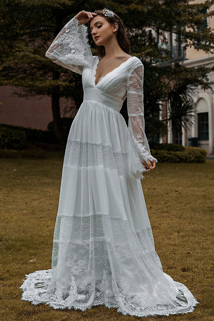 Beautiful Lace Boho Wedding Dress with Long Sleeves-BallBride