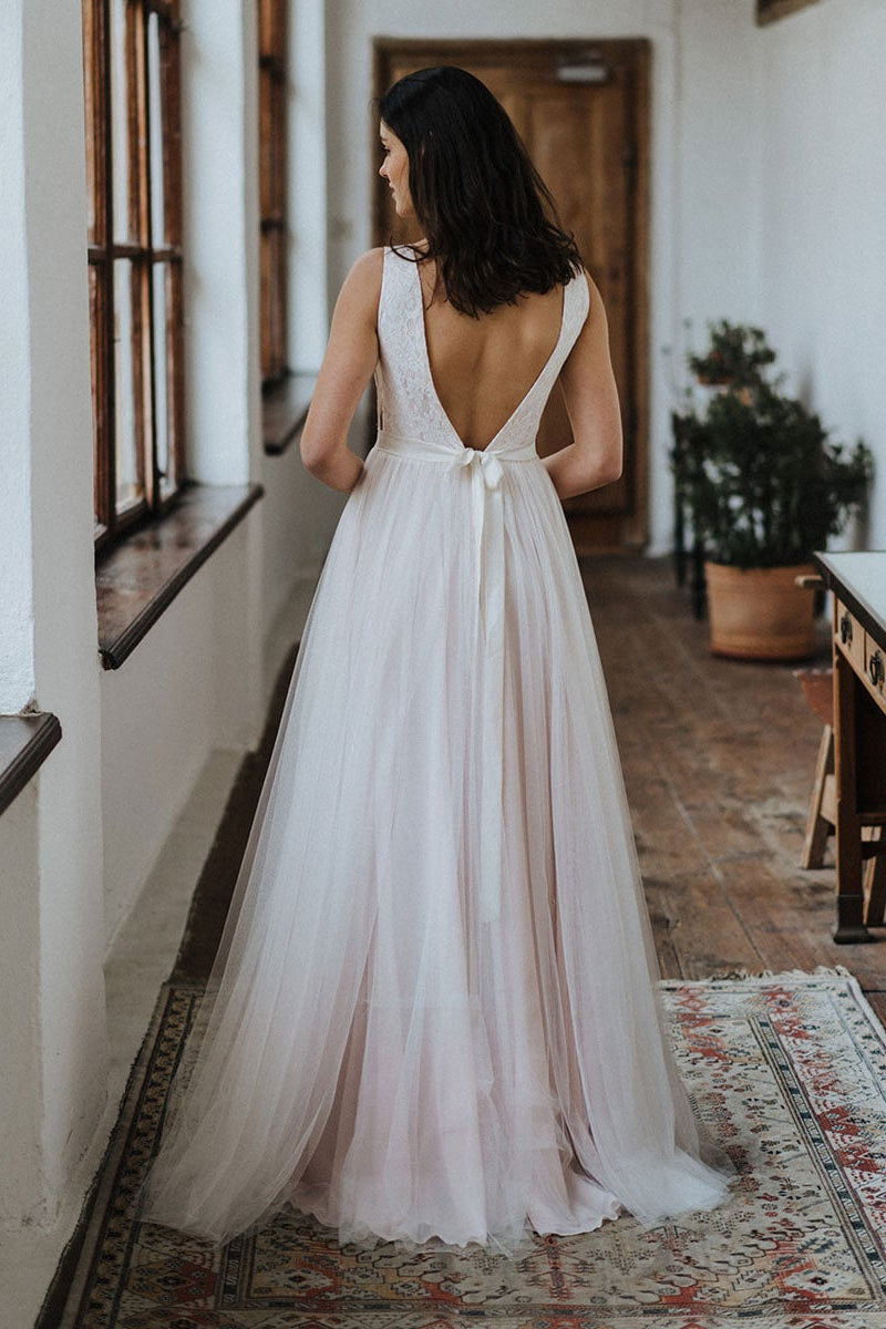 Beautiful Lace Open Back Wedding Dress for the Beach-BallBride