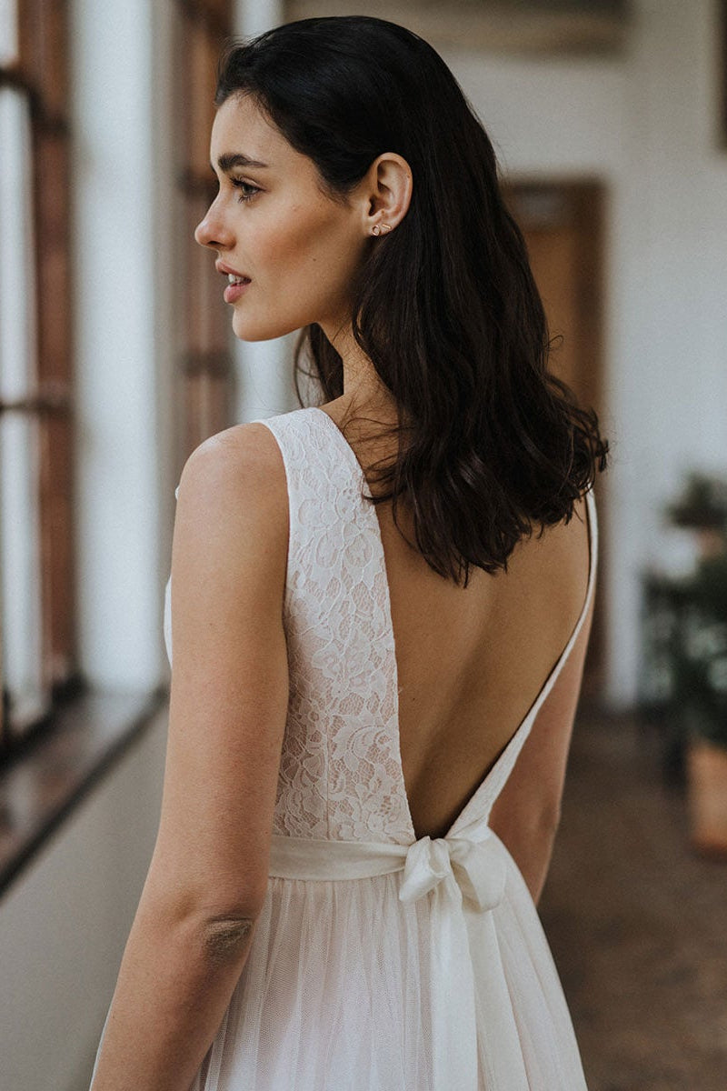 Beautiful Lace Open Back Wedding Dress for the Beach-BallBride