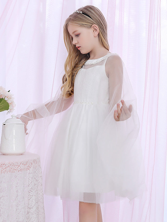 Beautiful Lace Satin Flower Girl Dress With Pearls Beadings-BallBride